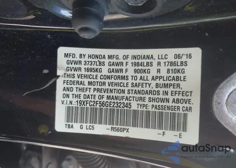 2016 Honda Civic Lx из США, поврежденный, VIN 19XFC2F56GE232345